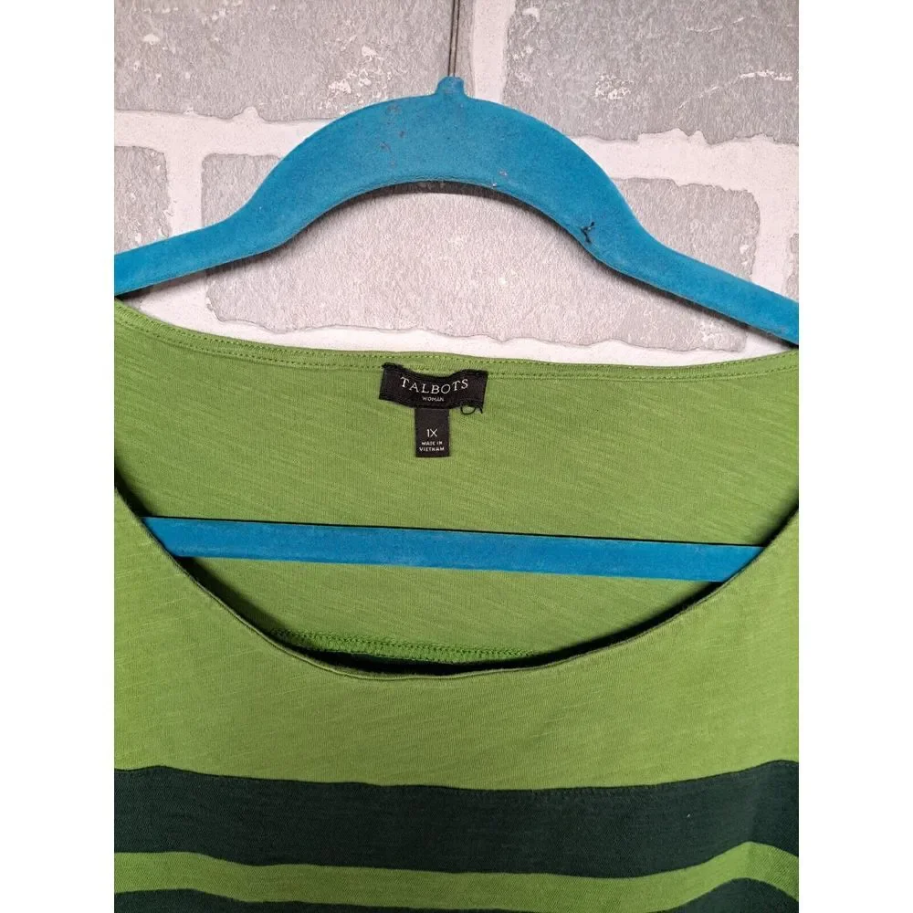Talbots Womens‎ Striped Green Long Sleeve Pullover Cotton Blouse SIze 1X